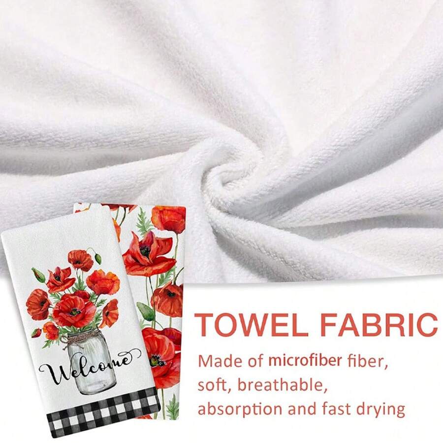 2pcs/Set Spring Poppy Flower Design Kitchen Dish Towel & Red