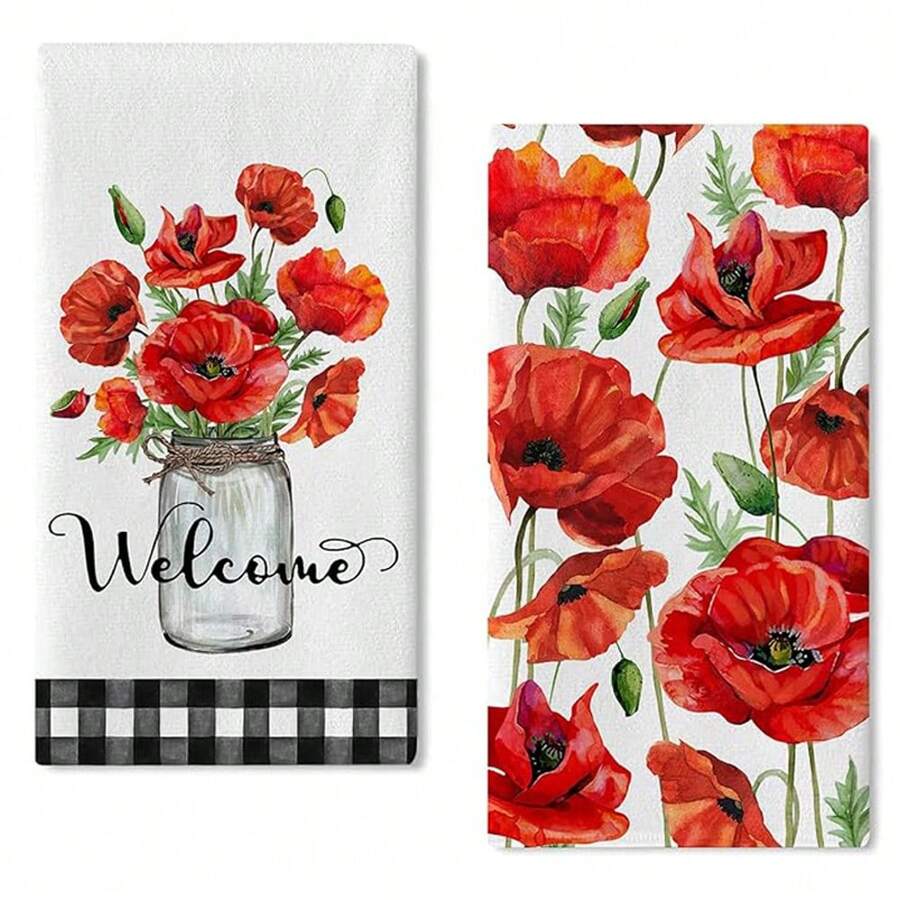 2pcs/Set Spring Poppy Flower Design Kitchen Dish Towel & Red