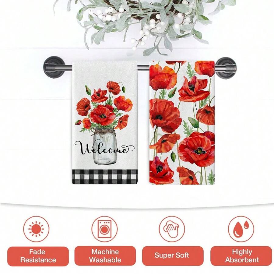 2pcs/Set Spring Poppy Flower Design Kitchen Dish Towel & Red
