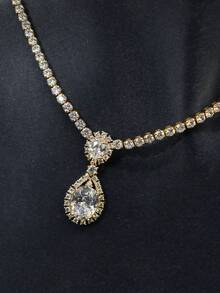 3 件套女士项链和耳环套装，梨形晚会配饰珠宝，镶嵌 AAA 锆石，适合婚礼活动和正式场合 - 金底 - 查看 9