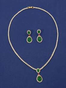 3 件套女士项链和耳环套装，梨形晚会配饰珠宝，镶嵌 AAA 锆石，适合婚礼活动和正式场合 - 金底 - 查看 3