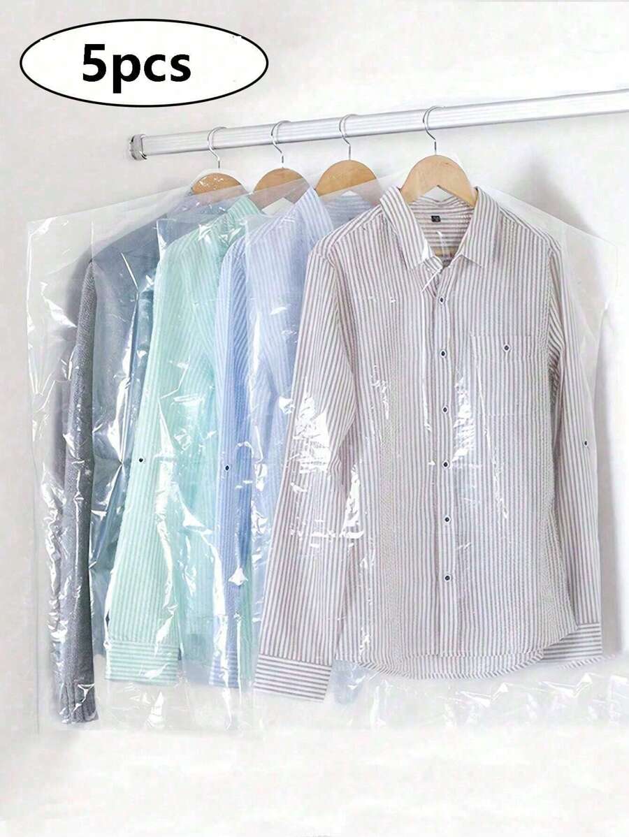 5 件装防尘罩，塑料透明防尘袋，透明服装防尘罩，挂式服装袋，透明西装防尘罩袋，塑料挂式衣服收纳袋，适用于衬衫、西装、连衣裙、外套，便携式防尘服装袋返校用品 - 白色 - 查看 1