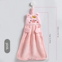 4pcs Hanging Cute Korean Pig Embroidered Coral Fleece Hand Towels, Absorbent Kitchen Cleaning Cloths - Multicolor - View 5