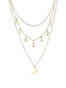 圓形吊墜多層項鍊 - 金黃色 - 查看 4