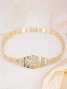 1 件优雅花形合金腰带，摩洛哥阿拉伯新娘婚纱身体链配饰，复古女士派对腰饰，长度可调，闪亮金色 - 腰鏈 - 查看 8