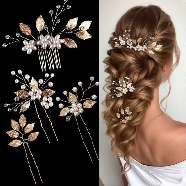 Conjunto de 4pcs de accesorios para el cabello para mujeres: 1 horquilla de flor blanca con perlas, 2 horquillas de hoja de aleación dorada, 1 peine de perlas blancas y 1 accesorio vintage para el cabello de novia