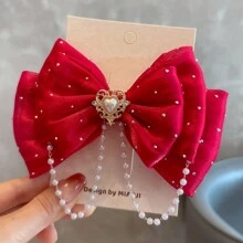 1 chiếc kẹp tóc nơ đính pha lê và ngọc trai thời trang cho bé gái, không kèm hộp đựng. - Đỏ - View 3