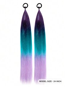 2-Piece Set 24inch Synthetic Braided Ponytail DIY Ombre Hair Extensions With Hair Tinsel Jumbo Ponytail Colorful Crazy Hair For Braiding Hair On Hair Tie Loose Tinsel Hair Extensions Hair Glitter Christmas, New Year And Other Holidays Can Wear COS