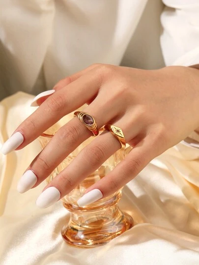 2入組不銹鋼金黃色重光、橢圓形設計鑲嵌粉紅鑽石的高級重工業女士戒指套裝,適用於派對、日常裝飾或送禮