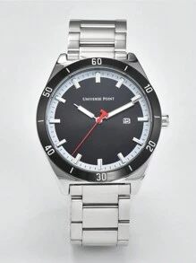 Universe Point 男士經典商務鋼帶手錶,石英運動,防水,附贈一個手錶帶長度調節器 - 黑色 - 查看 2