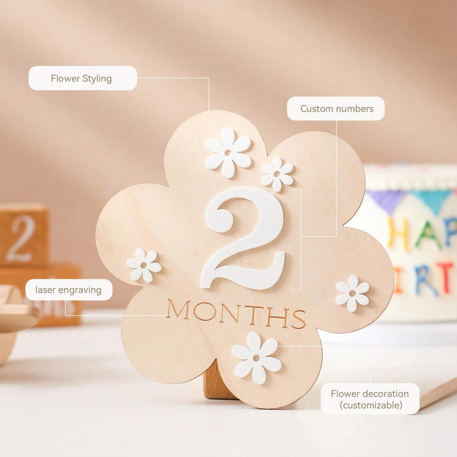Newborn Baby Monthly Milestone Wooden Flower Plaque For 112 Months