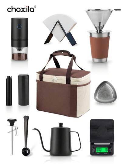 choxila 带储物袋的 2 杯手冲咖啡壶套装、便携式旅行咖啡礼品套装、咖啡配件工具（含咖啡壶和温度计）、双层金属杯、不锈钢咖啡滴滤器、电动咖啡研磨机、咖啡秤、咖啡勺、金属咖啡罐、咖啡豆定量托盘和喷雾瓶、咖啡滤纸和滤纸架、学校用品、返校