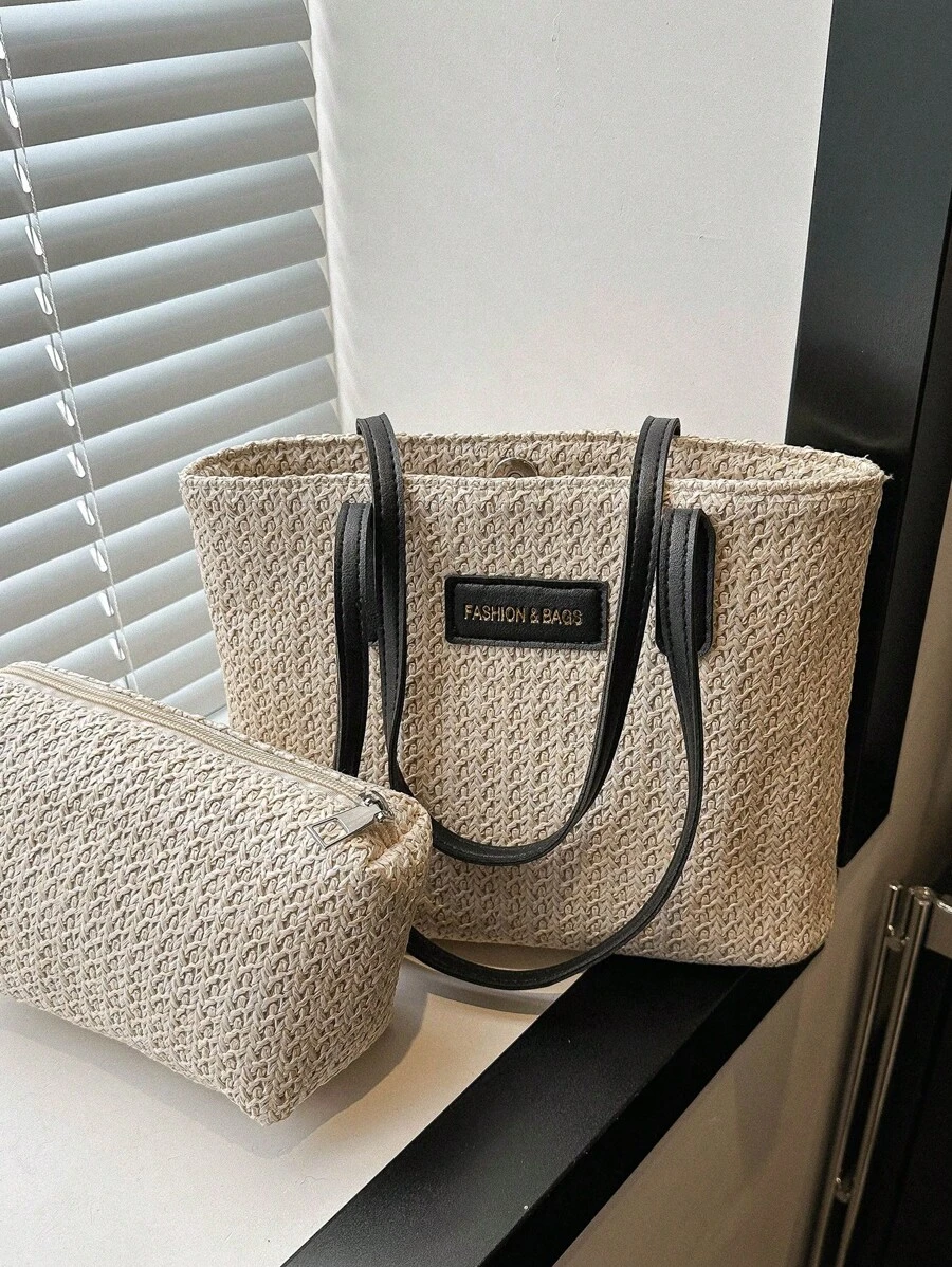 2入組草編輕鬆度假海灘手提袋，學校背包套裝，便攜式，經典時尚，適用於少女、女性、大學生、白領工作者，適用於辦公室、小學、度假、海灘
