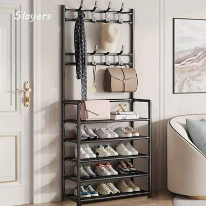 1pc Multifunctional Metal Entryway Shoe Rack With 4 Tier Shoe Storage Shelves And Coat Hooks - Organize Your Entryway And Keep Your Clothes And Shoes Tidy (31.5inch Reinforced Shoe And Hat Rack)