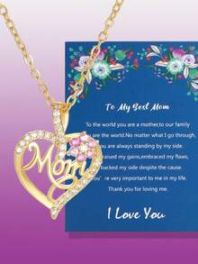 1 件女時尚簡約心型「媽媽」吊墜,鑲嵌氧化鋯,母親節禮物 - Mom - 查看 2