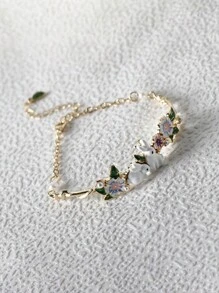 1pc Women's White Rabbit, Faux Pearl & Flower Decor Bracelet With College Style Leaf, Fresh And Cute Animal Accessory - Bunny Bracelet - View 4