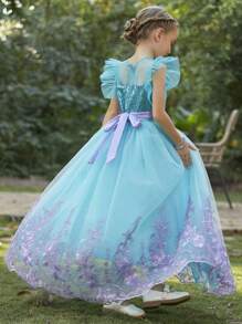 Tween Girl Shell Mermaid Flutter Dress With Sequin Netting, Embroidered Flowers And Large Swing Dress, Great For Birthday Party - Blue - View 2