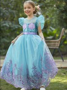 Tween Girl Shell Mermaid Flutter Dress With Sequin Netting, Embroidered Flowers And Large Swing Dress, Great For Birthday Party - Blue - View 4
