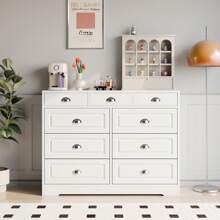 JAMFLY Drawer Double Dresser, Wooden Dresser For Bedroom, Wide Chest Of Drawers With Metal Handles, Storage Organizer Dresser, Nursery Dresser, TV Stand Storage Chest For Living Room, Hallway - 9抽屜-白色 - 查看 2