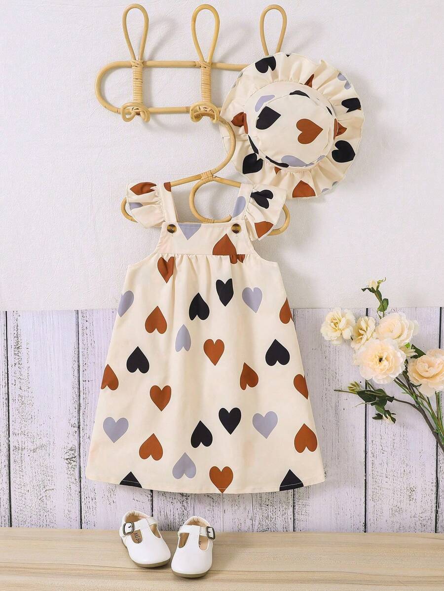 年輕女孩2024夏季新款心形短袖裙配帽子 - 杏色 - 查看 1