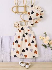 年輕女孩2024夏季新款心形短袖裙配帽子 - 杏色 - 查看 2