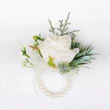 Bộ 6 chiếc hoa cài tay và vòng tay kiểu cô dâu/phù dâu, đính ngọc trai giả và hoa thật, thích hợp cho đám cưới/tiệc tùng/lễ hội, ngày Valentine. - Màu be - Xem 4