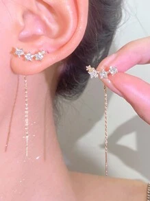 1對時尚輕量級豪華鑽石設計星形、鏈條和流蘇細節耳環,適用於女性的日常佩戴珠寶 - 金黃色 - 查看 7