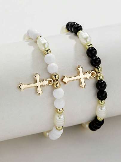 2 Pieces Of Bohemian Alloy Cross Shaped Faux Pearl Acrylic Bead Elastic Women's Couple Bracelet