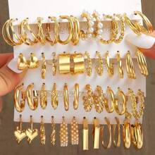 Conjunto de 48 piezas de Aros de metal minimalistas de estilo Ins de moda para mujeres, que incluyen diseños cuadrados, geométricos, de corazón y de perlas