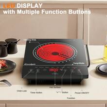 Ceramic Hob Cooksir, Portable Electric Ceramic Hob With LED Touch Screen, 2000W Single Cooking Zone Electric Cooktop With 4-Hours Timer, Child Lock, Residual Heat Indicator - Black - View 2