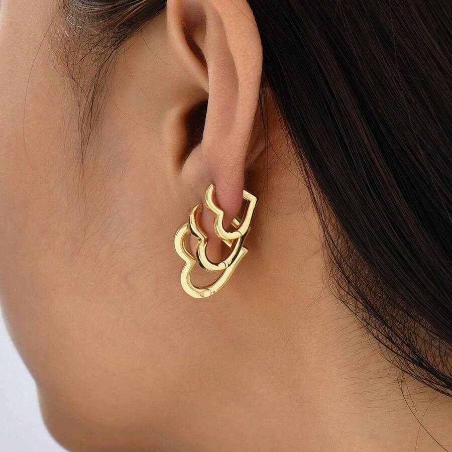 17KM 6pcs/Simple Copper Material Metal Heart Shape Earrings Set, Suitable For Women's Daily Wear, Wedding Gifts. - Yellow Gold - View 1