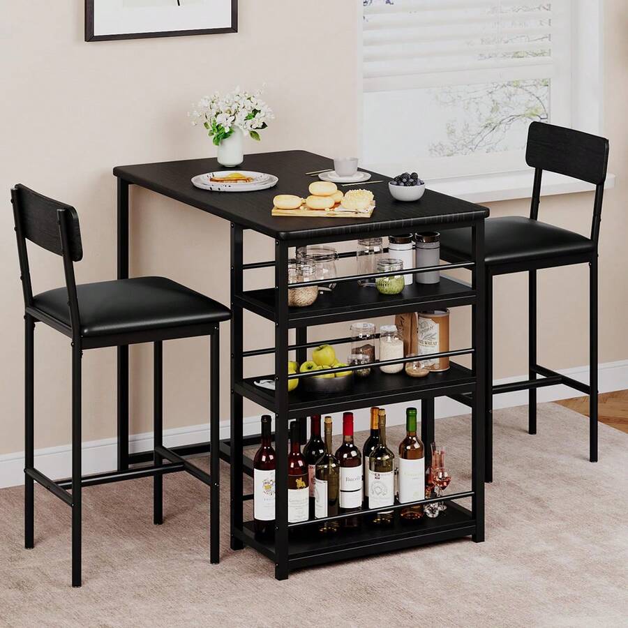 Bộ bàn bếp 3 món, Bộ bàn ăn cho 2 người có kệ đựng đồ mở, Bộ bàn ghế quán rượu với 2 ghế đẩu quầy bar PU, Bộ bàn quầy bar lưu trữ quầy bếp cho không gian nhỏ, Căn hộ - màu đen - Xem 1