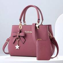 2pcs/Set Bow Decor Women Handbag Set, Solid Color PU Leather Shoulder Bag & Card Holder Suit For Daily, Casual, Shopping, Business Commute