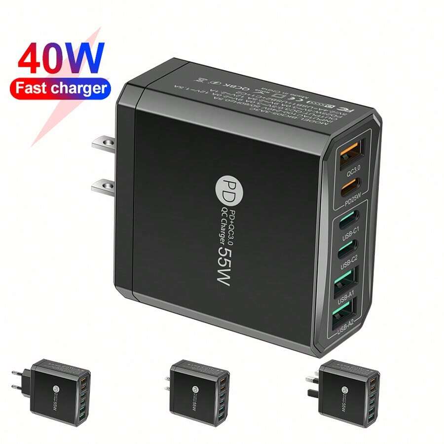 总共 55W 3USB 和 3Type C QC3.0 + PD25W 超级快速充电 Cobile 手机充电器，多端口同时充电，手机、平板电脑、电脑和其他适配器兼容 Apple、三星、华为、小米