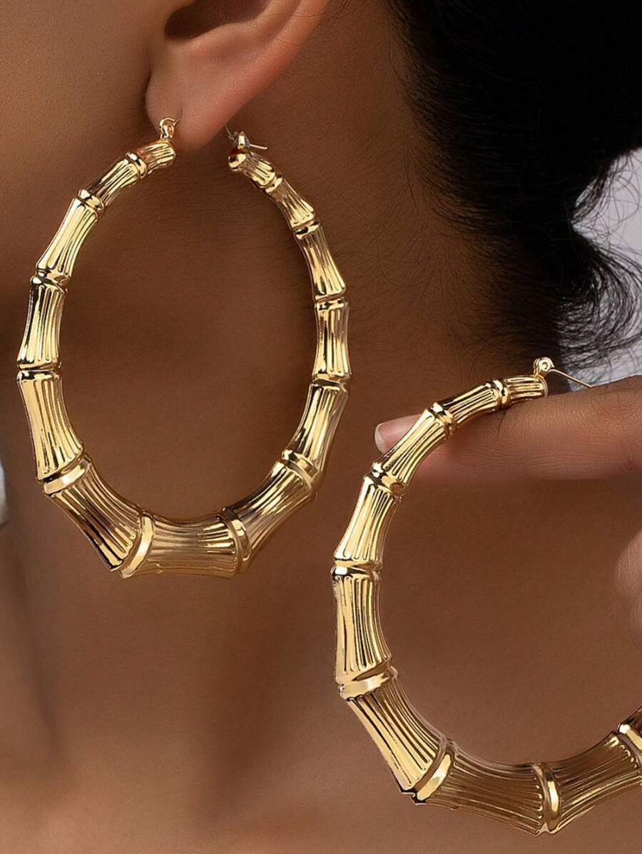 Bamboo Joint Design Hoop Earrings - Yellow Gold - View 1