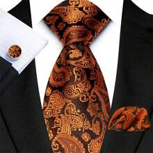 3pcs/Set Paisley Pattern Chestnut Blossom Polyester Tie With Pocket Square And Cufflinks, Groom Wedding Suit Necktie Work - Cashew Pattern - View 7