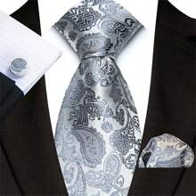 3pcs/Set Paisley Pattern Chestnut Blossom Polyester Tie With Pocket Square And Cufflinks, Groom Wedding Suit Necktie Work - Cashew Pattern - View 5