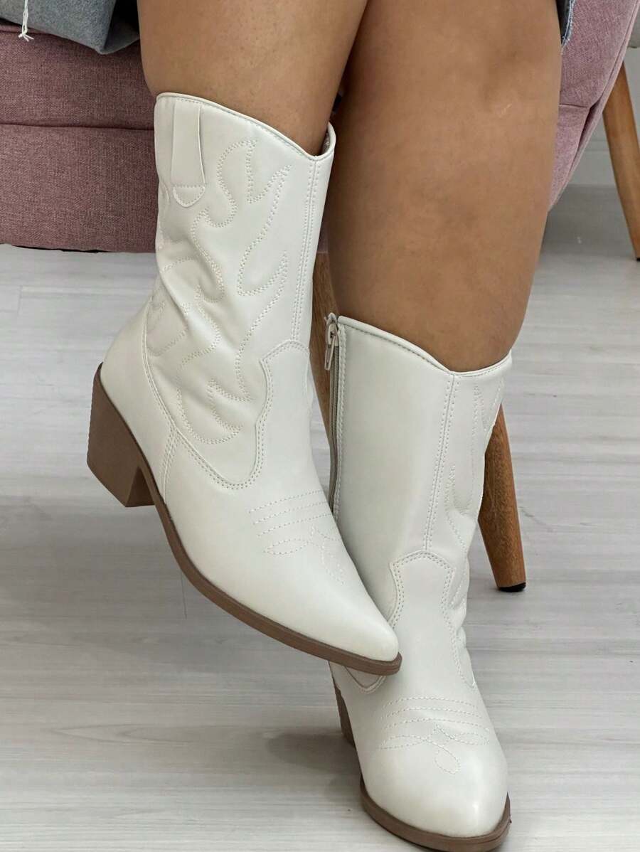 Women Mid-Calf Boots - 米色 - 查看 1