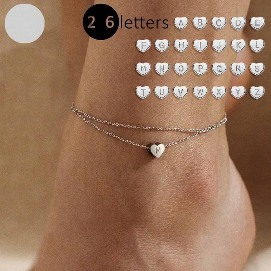 suteyi A-Z字母圖案小心臟鏈銀色不銹鋼腳鍊 - 銀色 - 查看 1