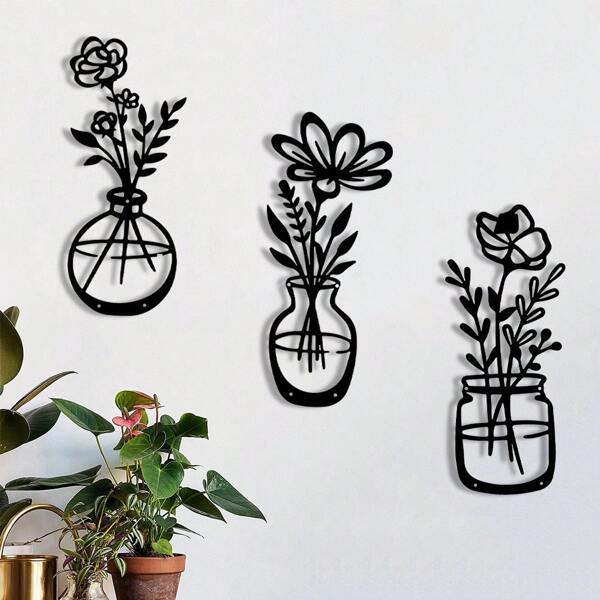 3Pcs/Set Flowers And Vase Modern Black Metal Wall Home Decor Hanging Wall Art For Home Decoration, Bedroom, Dinner Room, Bathroom Living Room,Home Decor ,Room Decor,Wall Decor Gifts Birthday Graduation