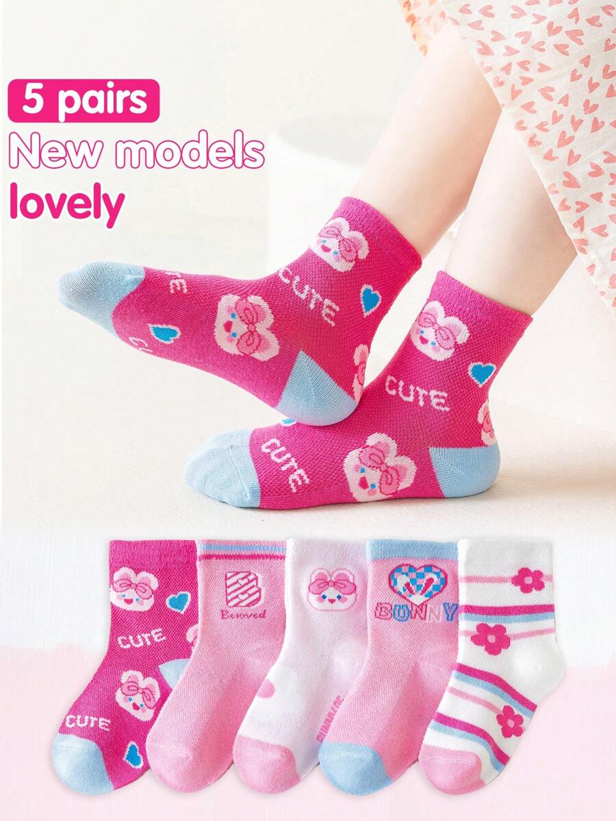 Conjunto de 5 pares de calcetines para niñas con tono de color rosa, calcetines finos de malla para primavera y verano. Los diseños son de flores blancas, rosas, personajes de dibujos animados, lindas rayas, flores bonitas, lazos lindos, conejos lindos, corazones, dopamina, etc. Variedad de diseños adecuados para escolares y niños. Calcetines de media pantorrilla y tobilleros disponibles para estilos animados, elegantes, dulces, de princesa y escolares.