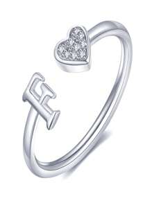 1 件装小心心 A-Z 字母戒指可调节开口戒指首字母名字字母女性派对珠宝情人节 - 銀色 - 查看 13