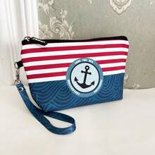 yesen 女士手腕提包化妝包手拿包,印有波浪和錨紋樣式,適合日常使用 - 藍色 - 查看 5