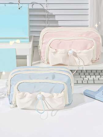 1 件拉绳设计三层隔层铅笔盒，可爱时尚，适合学生、返校、学校用品