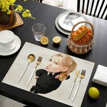 1pc Customized Funny Suit & Big Head Image Printed Linen Placemat, Suitable For Table Decoration And Gift