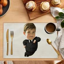 1pc Customized Funny Suit & Big Head Image Printed Linen Placemat, Suitable For Table Decoration And Gift