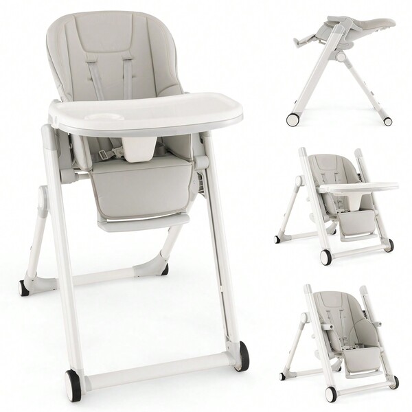 59 X 76 X 81-104 Cm  Baby Highchair, Adjustable Foldable Infant High Chair With Removable Tray, Lockable Wheels & 5-Point Harness, Toddler Dining Feeding Chairs For 6-36 Months