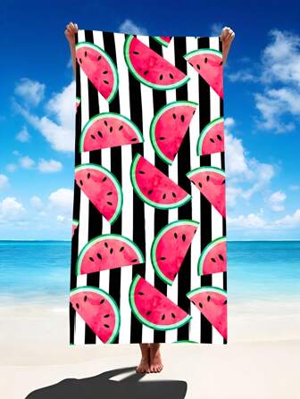 1pc Striped Watermelon Pattern Beach Towel, Ultra-Fine Fiber Super Large Beach Blanket, Strong Water Absorption Bath Towel, Suitable For Travel, Swimming Pool, Scuba Diving, Surfing, Yoga, Camping, With Multiple Sizes For Adults And Ren, Beach Accessory Summer Travel, Vacation Holiday Bathroom Decor Beach Essentials