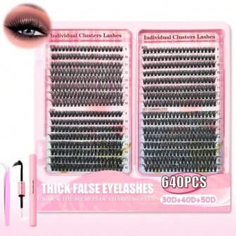 Lash Clusters DIY Eyelashes Extensions Kit, D Curling Eyelashes Extension Kit, Black Ndividual Lash Clusters Kit 9-16mm 640pcs, D30+D40+D50 Black D-CurlingEyelashes Cluster Extension Kit, Large-Capacity Cluster False Eyelashes