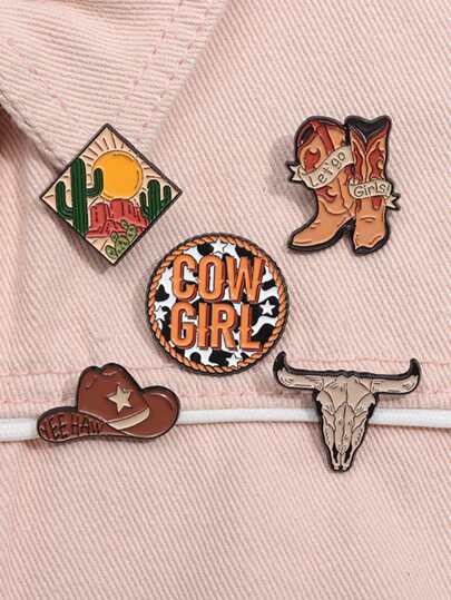 5pcs Cowboy Punk Creative Animal Landscape Brooch Clothing Accessories Metal Badge Bullhead Hat Boots Badge